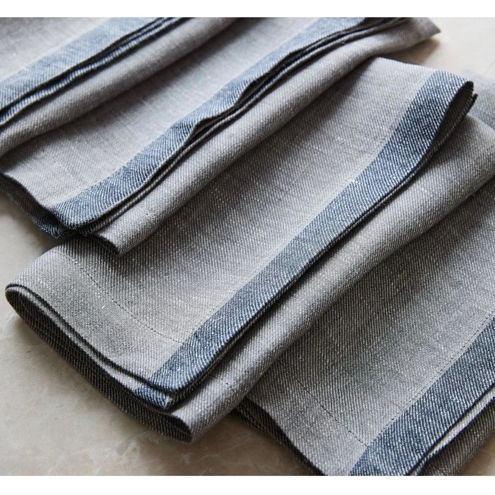 West Elm Contrast Border Linen Napkins Set of 4 Storm Gray Slate Blue 18x18